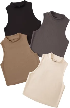 GORGLITTER Women's 4 Piece Mock Neck Ribbed Knit Crop Top Sleeveless Cropped Cami Tank Tops