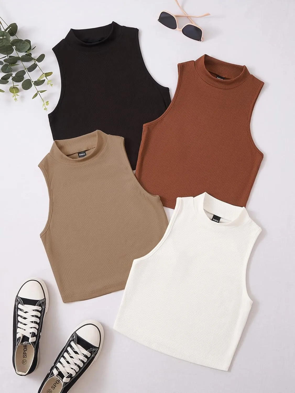 GORGLITTER Women's 4 Piece Mock Neck Ribbed Knit Crop Top Sleeveless Cropped Cami Tank Tops