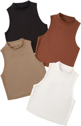 GORGLITTER Women's 4 Piece Mock Neck Ribbed Knit Crop Top Sleeveless Cropped Cami Tank Tops