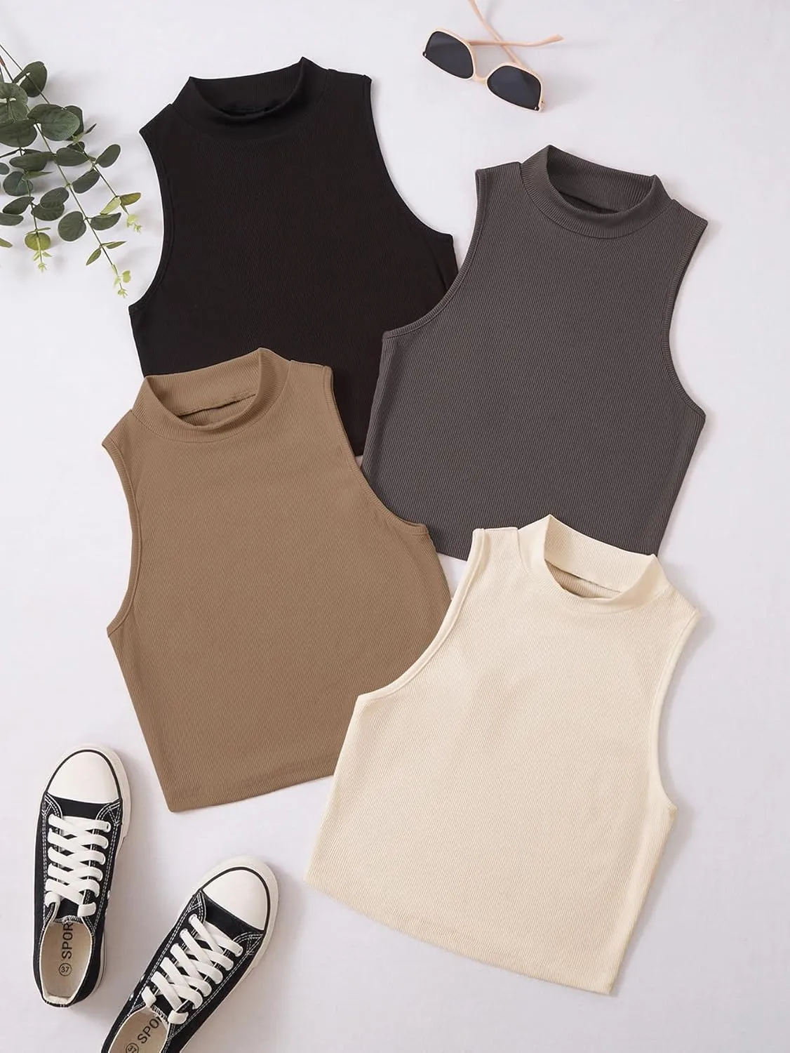 GORGLITTER Women's 4 Piece Mock Neck Ribbed Knit Crop Top Sleeveless Cropped Cami Tank Tops