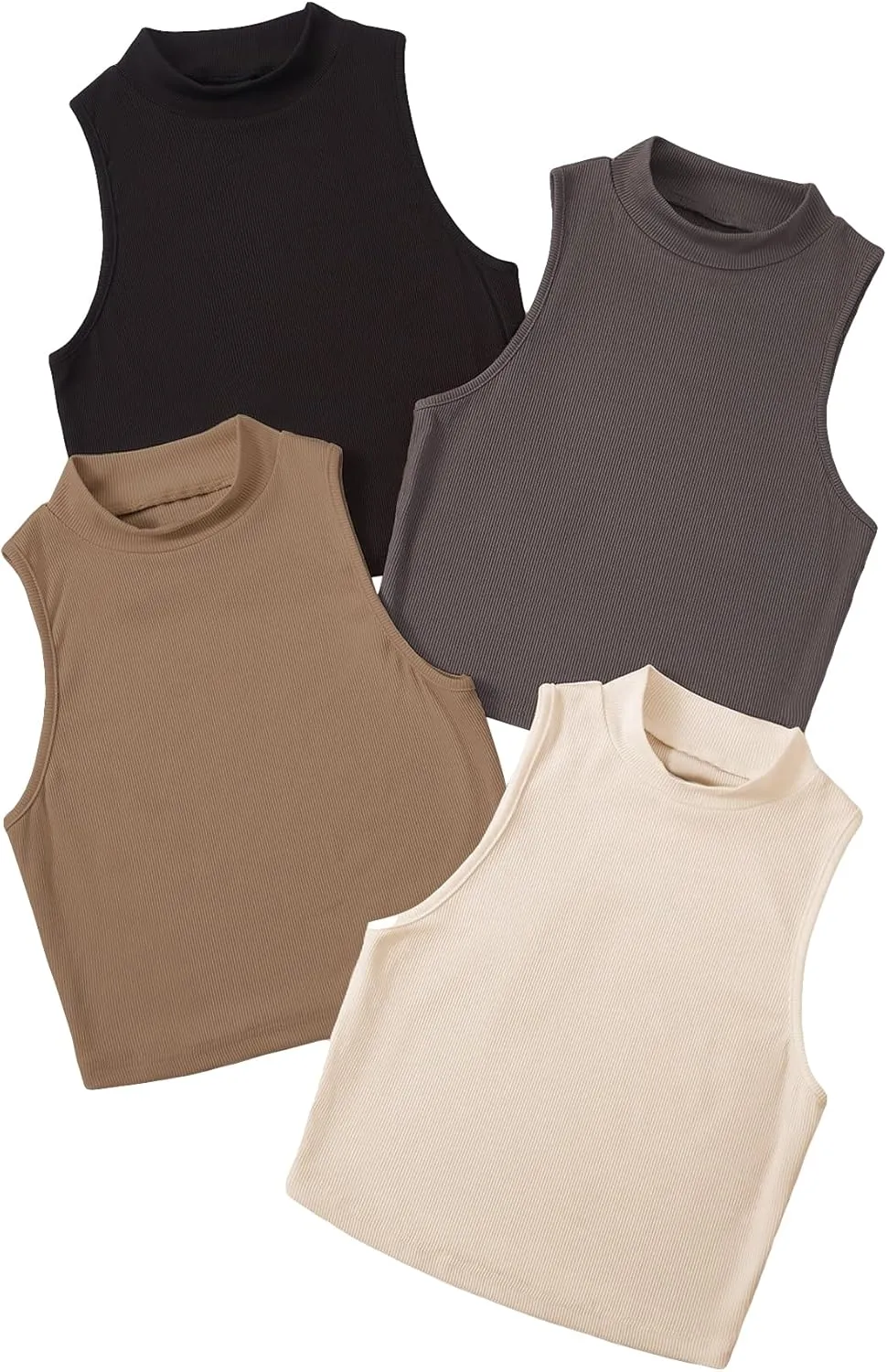 GORGLITTER Women's 4 Piece Mock Neck Ribbed Knit Crop Top Sleeveless Cropped Cami Tank Tops
