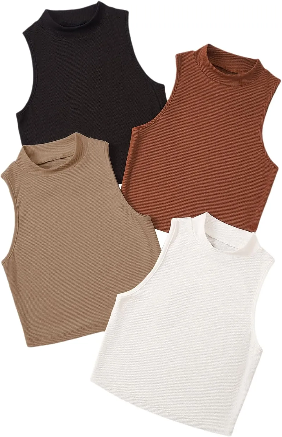 GORGLITTER Women's 4 Piece Mock Neck Ribbed Knit Crop Top Sleeveless Cropped Cami Tank Tops