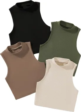 GORGLITTER Women's 4 Piece Mock Neck Ribbed Knit Crop Top Sleeveless Cropped Cami Tank Tops