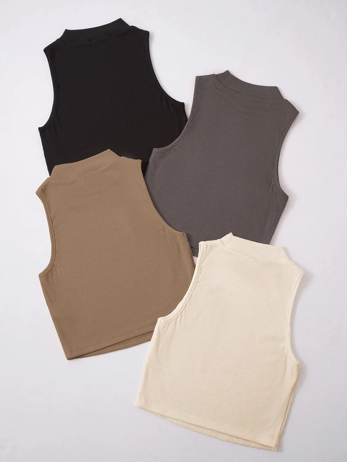 GORGLITTER Women's 4 Piece Mock Neck Ribbed Knit Crop Top Sleeveless Cropped Cami Tank Tops