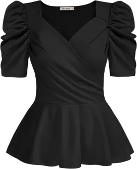 GRACE KARIN 2025 Womens Tops Elegant Peplum Top Wrap V Neck Puff Short Sleeve Summer Tops Blouse