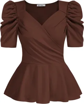 GRACE KARIN 2025 Womens Tops Elegant Peplum Top Wrap V Neck Puff Short Sleeve Summer Tops Blouse