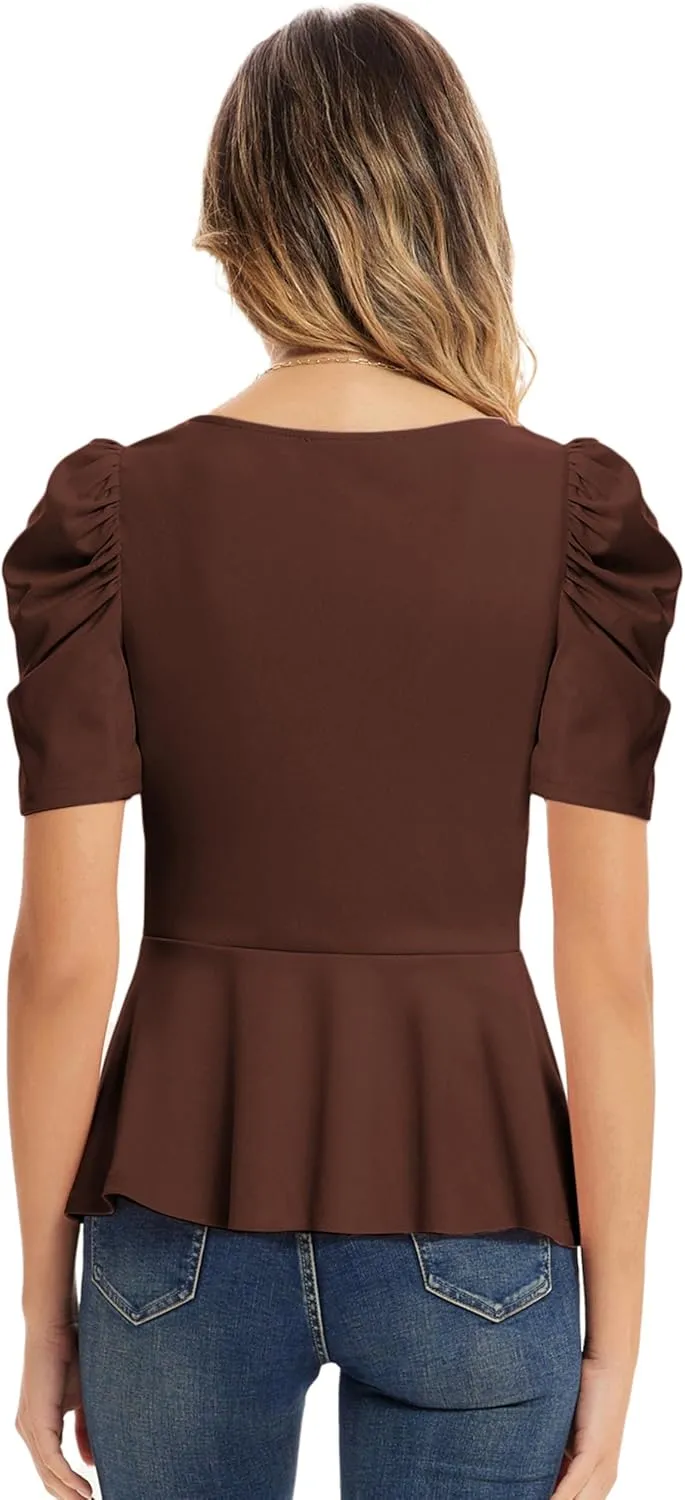 GRACE KARIN 2025 Womens Tops Elegant Peplum Top Wrap V Neck Puff Short Sleeve Summer Tops Blouse