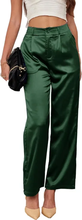 heipeiwa Women's Wide Leg Wedding Party Satin Casual Dress Nightout Pants Long Trouser