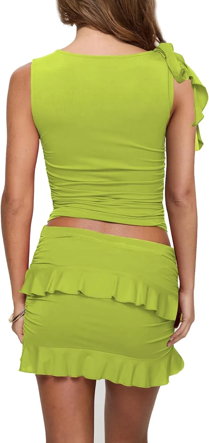 HESUUIO Women's Two Piece Skirt Set Summer High Waist Ruffle Y2K Mini Skirts Sleeveless Crop Tops Going Out Outfits
