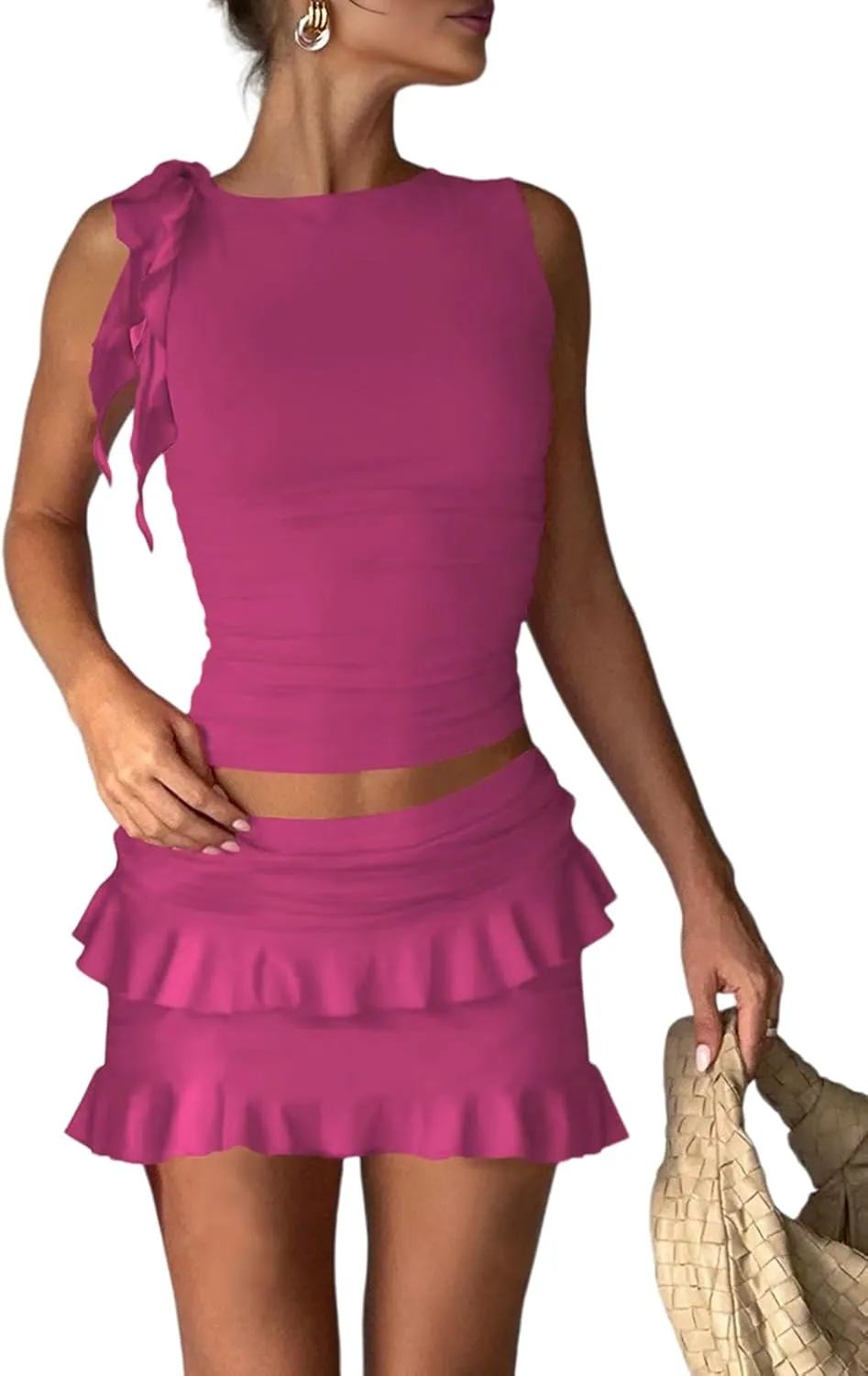 HESUUIO Women's Two Piece Skirt Set Summer High Waist Ruffle Y2K Mini Skirts Sleeveless Crop Tops Going Out Outfits