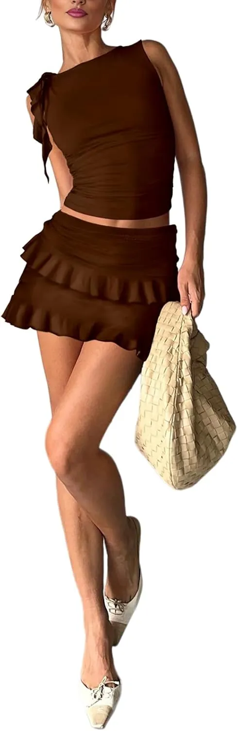 HESUUIO Women's Two Piece Skirt Set Summer High Waist Ruffle Y2K Mini Skirts Sleeveless Crop Tops Going Out Outfits