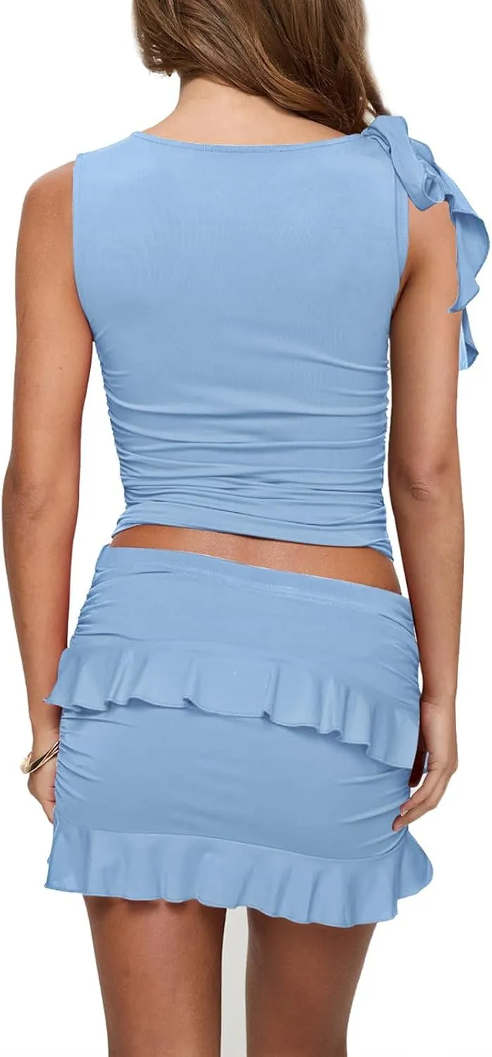 HESUUIO Women's Two Piece Skirt Set Summer High Waist Ruffle Y2K Mini Skirts Sleeveless Crop Tops Going Out Outfits