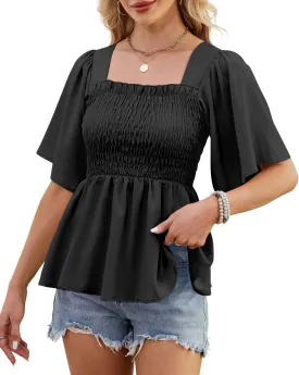 HEYTALALA Womens Summer Smocked Peplum Top Square Neck Ruffle Short Sleeve Blouse Loose Fit Babydoll Shirts 2025