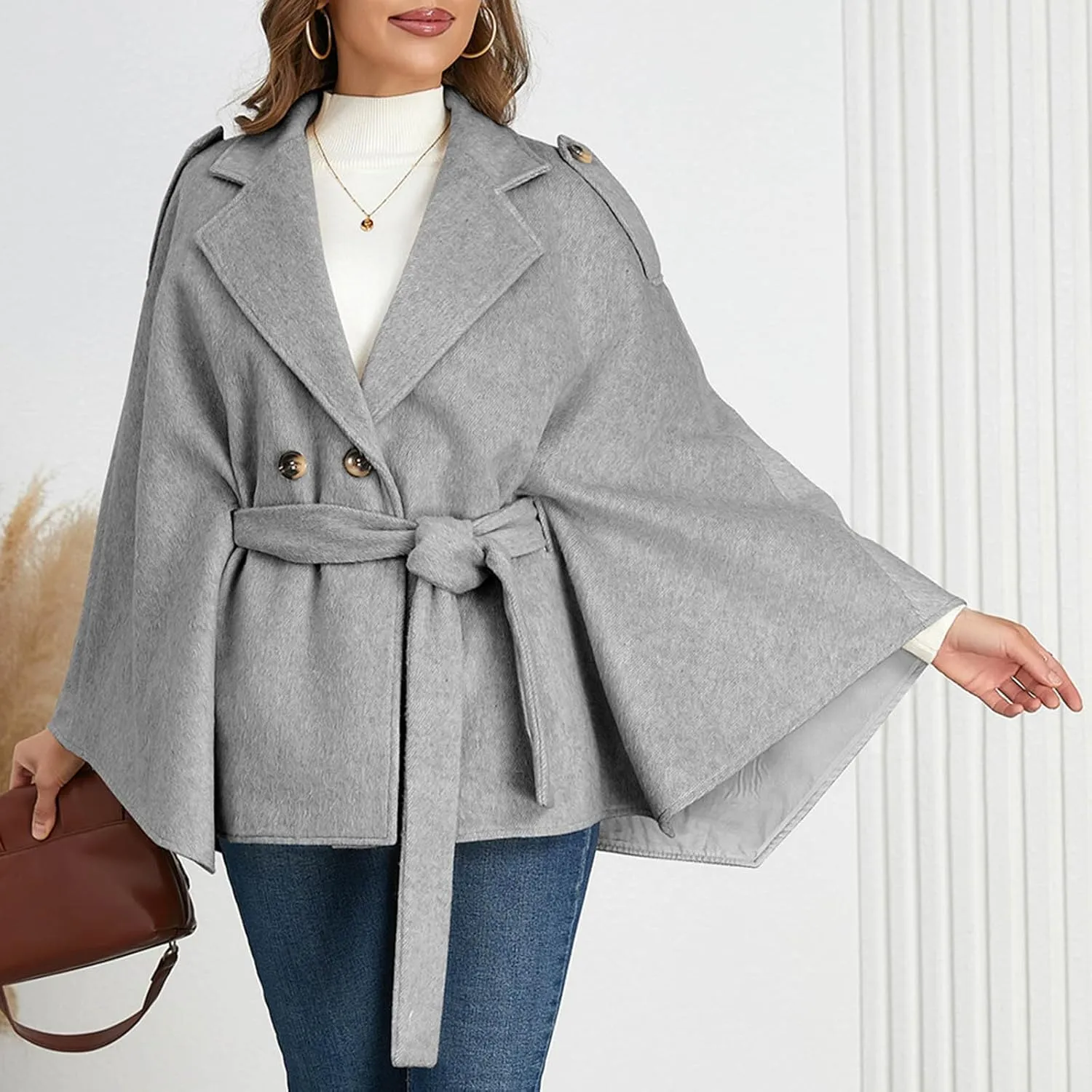 HGps8w Women's Elegant Wool Blend Poncho Cape, Double-Breasted Lapel Collar Trench Coat Jackets with Belt