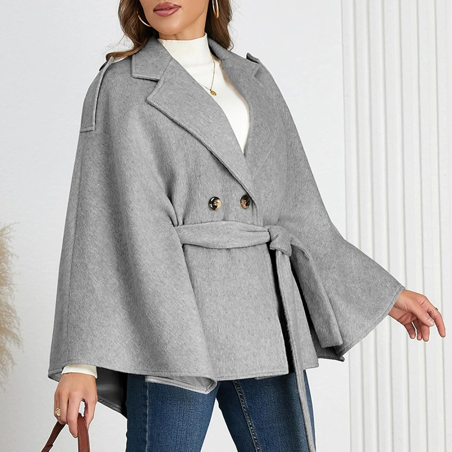 HGps8w Women's Elegant Wool Blend Poncho Cape, Double-Breasted Lapel Collar Trench Coat Jackets with Belt