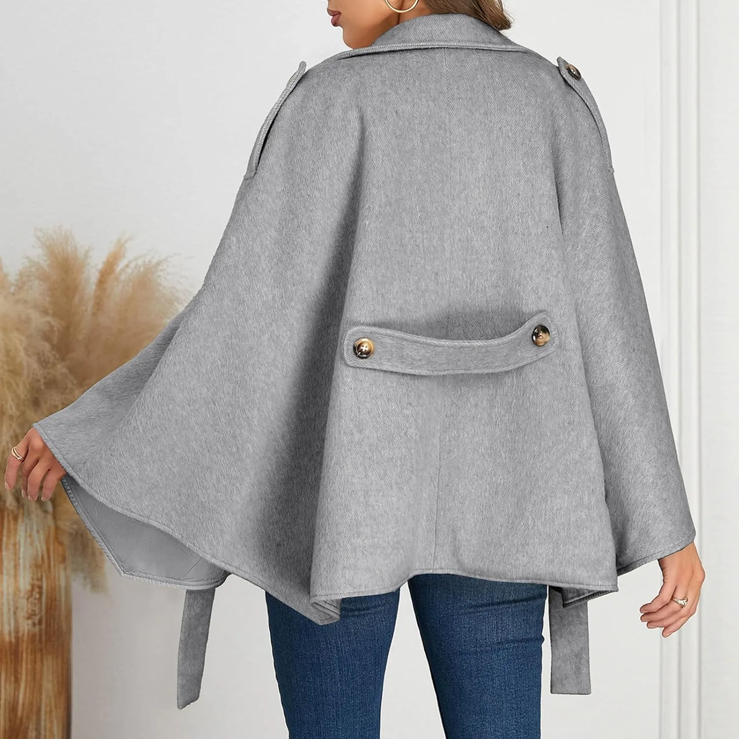 HGps8w Women's Elegant Wool Blend Poncho Cape, Double-Breasted Lapel Collar Trench Coat Jackets with Belt