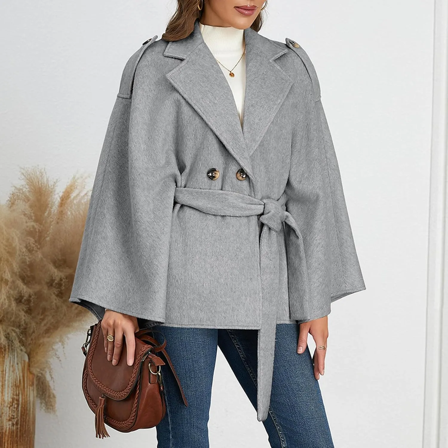 HGps8w Women's Elegant Wool Blend Poncho Cape, Double-Breasted Lapel Collar Trench Coat Jackets with Belt
