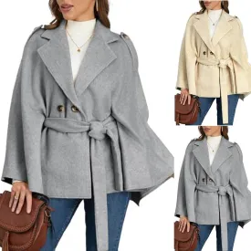 HGps8w Women's Elegant Wool Blend Poncho Cape, Double-Breasted Lapel Collar Trench Coat Jackets with Belt