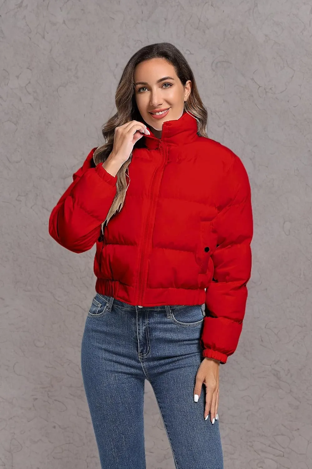 Hujoin Puffer Jacket Womens Casual Long Sleeve Bomber Jacket Full Zip Padded Winter Coat