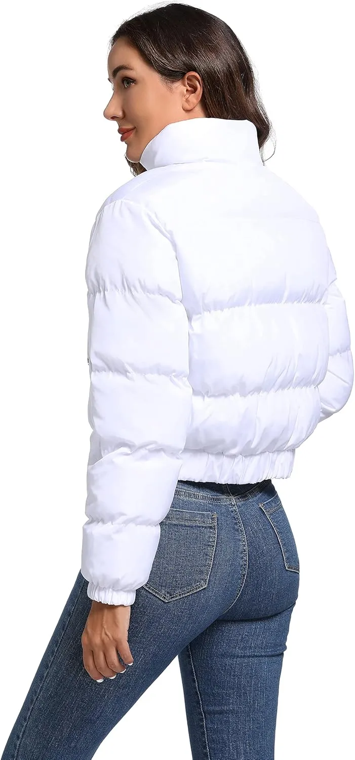 Hujoin Puffer Jacket Womens Casual Long Sleeve Bomber Jacket Full Zip Padded Winter Coat