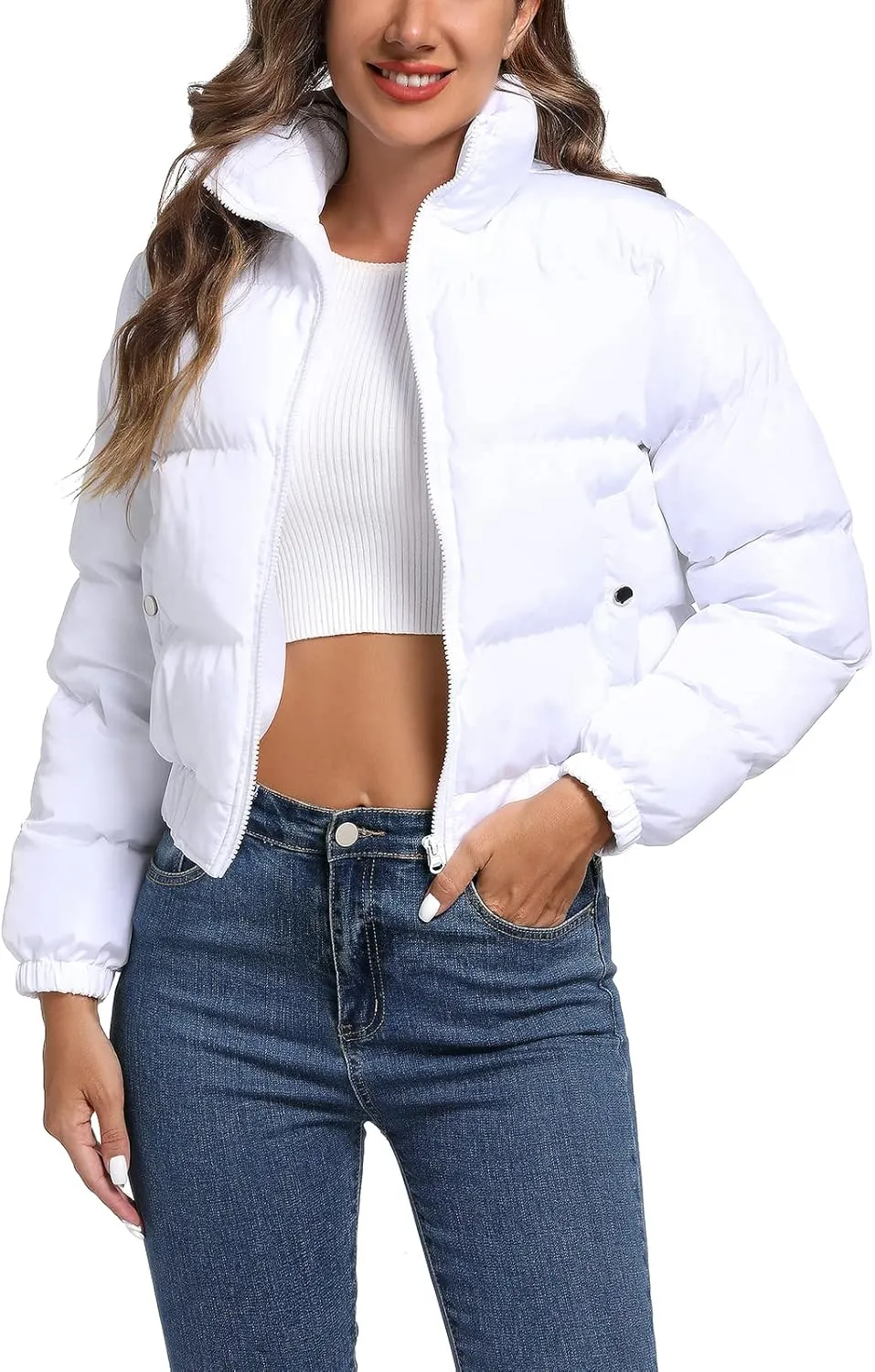 Hujoin Puffer Jacket Womens Casual Long Sleeve Bomber Jacket Full Zip Padded Winter Coat