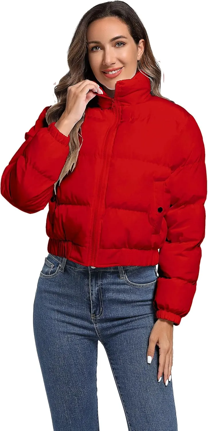 Hujoin Puffer Jacket Womens Casual Long Sleeve Bomber Jacket Full Zip Padded Winter Coat