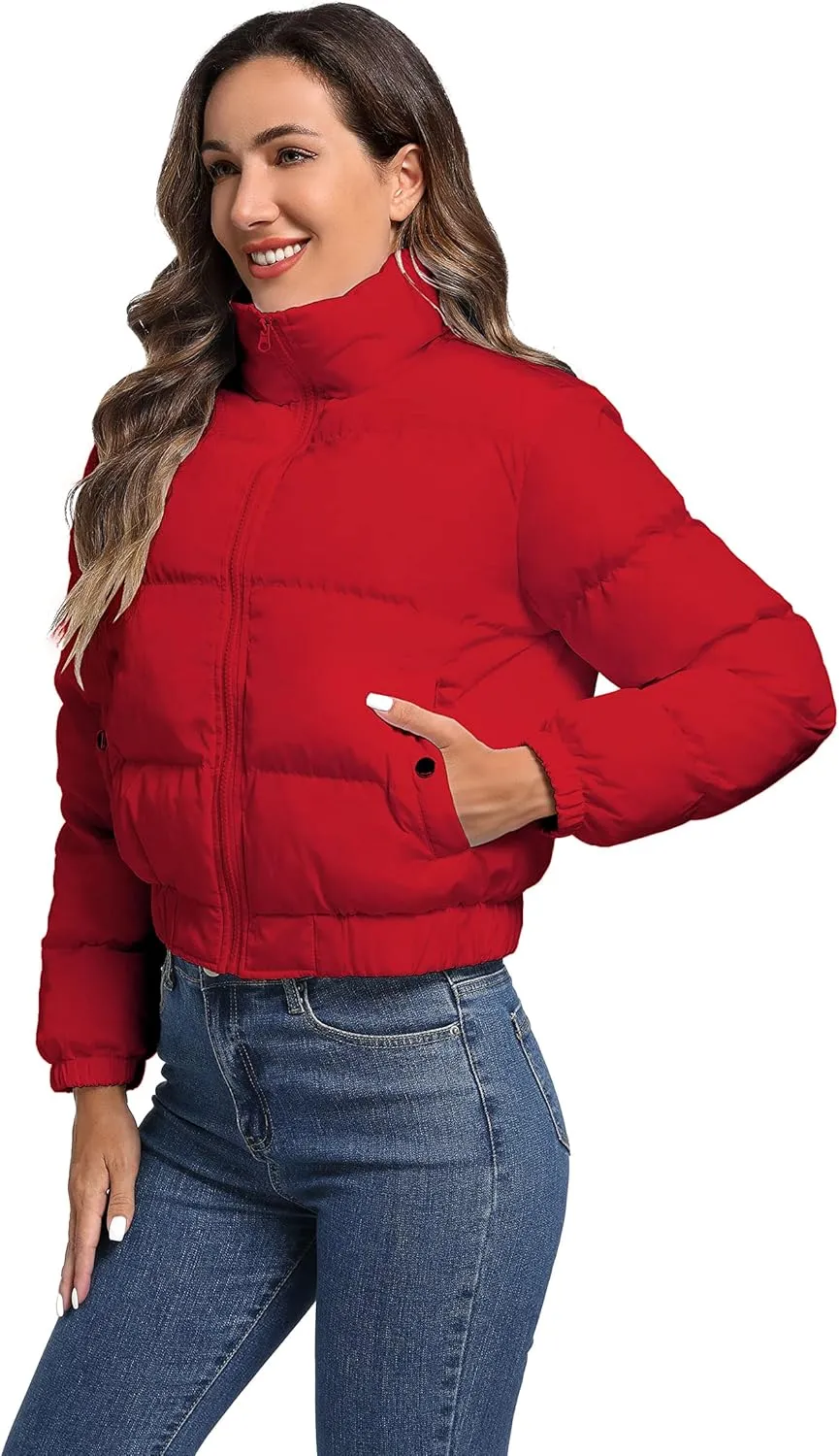 Hujoin Puffer Jacket Womens Casual Long Sleeve Bomber Jacket Full Zip Padded Winter Coat