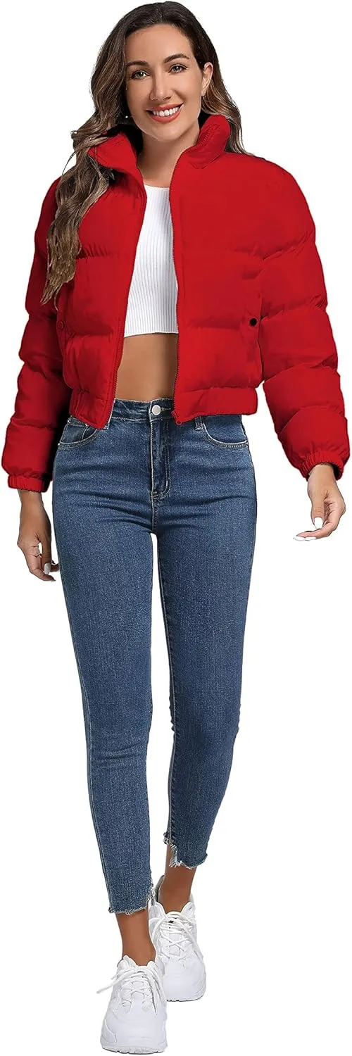 Hujoin Puffer Jacket Womens Casual Long Sleeve Bomber Jacket Full Zip Padded Winter Coat