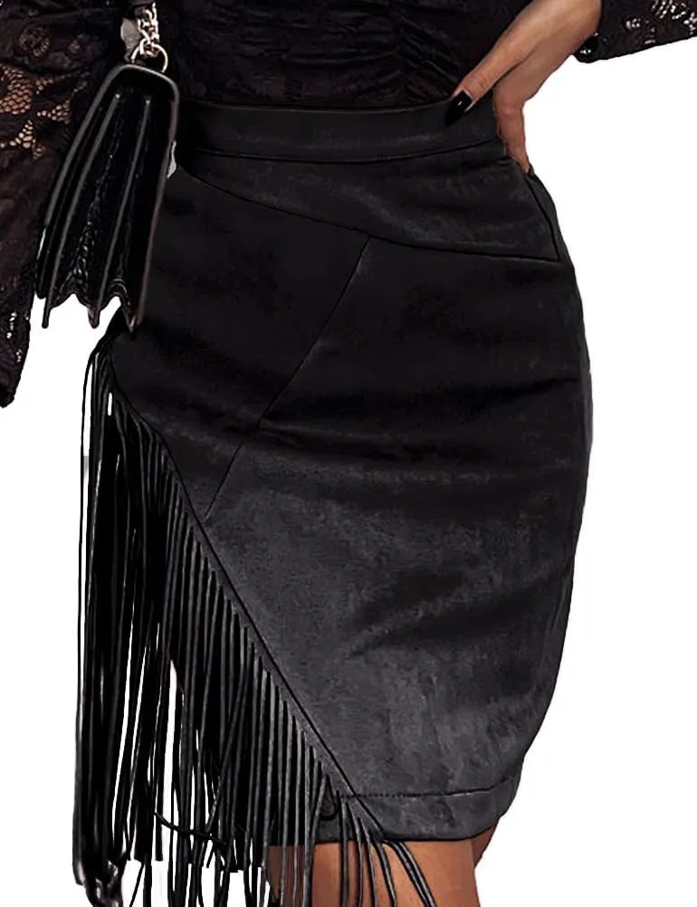 IDEALSANXUN Fringe Suede Skirt for Women High Waisted Tassel Short Mini Skirt