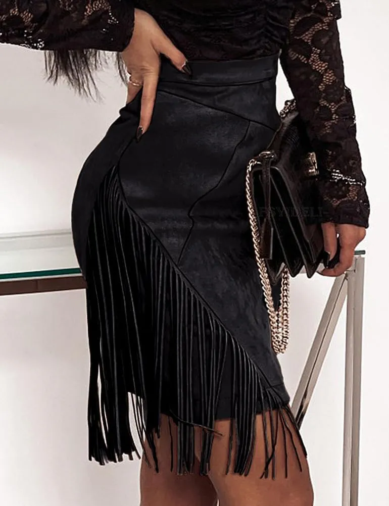 IDEALSANXUN Fringe Suede Skirt for Women High Waisted Tassel Short Mini Skirt