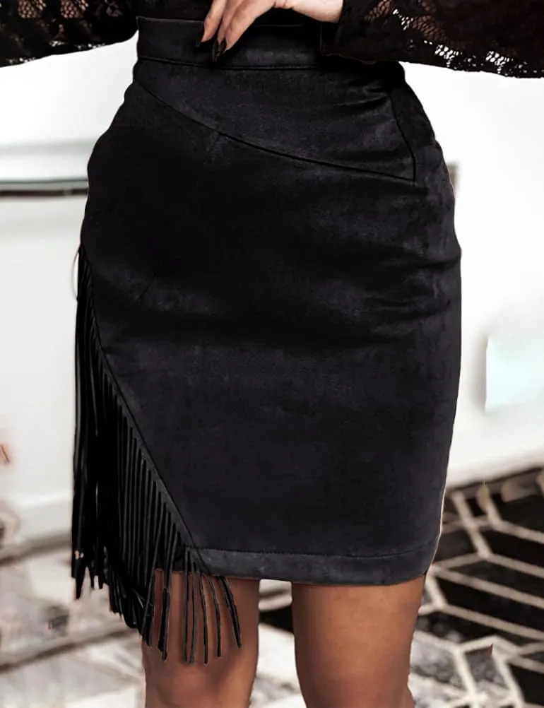 IDEALSANXUN Fringe Suede Skirt for Women High Waisted Tassel Short Mini Skirt