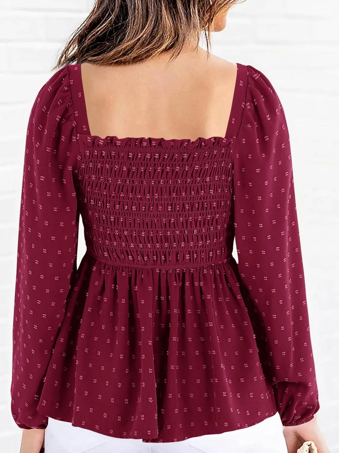 Imysty Womens V Neck Smocked Peplum Tops Balloon Long Sleeve Swiss Dot Ruched Blouses Shirt