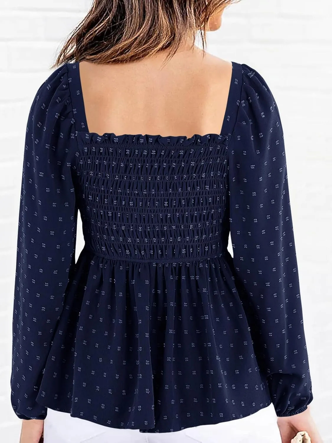 Imysty Womens V Neck Smocked Peplum Tops Balloon Long Sleeve Swiss Dot Ruched Blouses Shirt