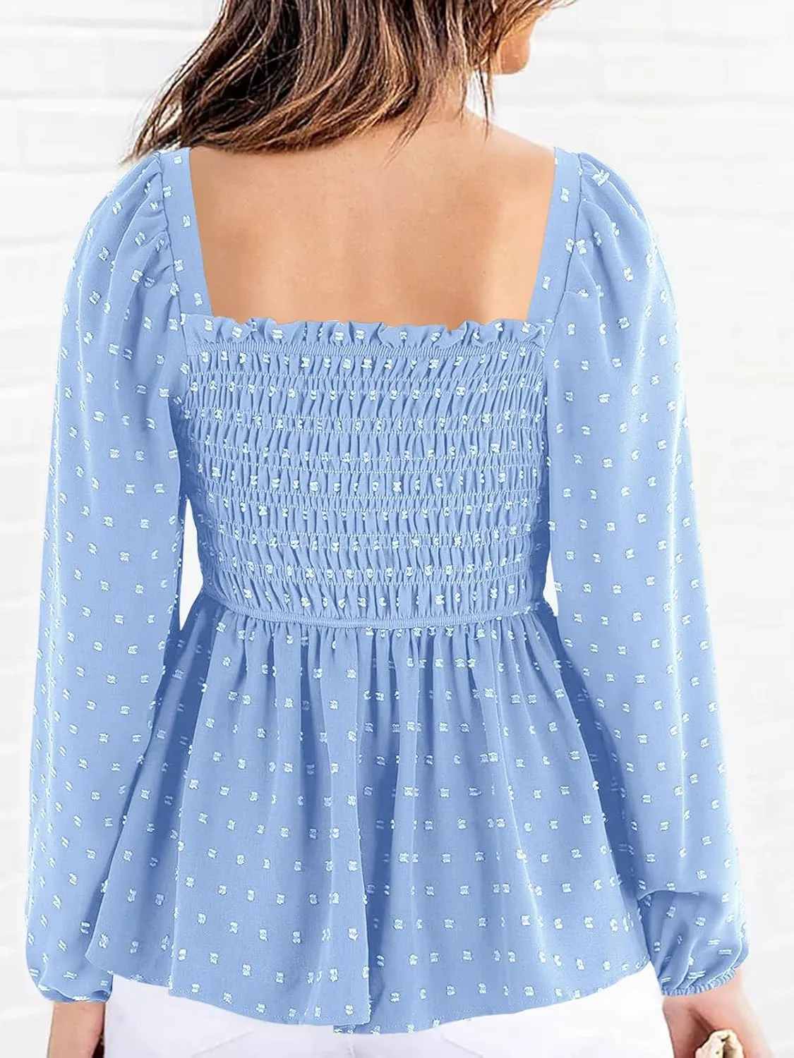 Imysty Womens V Neck Smocked Peplum Tops Balloon Long Sleeve Swiss Dot Ruched Blouses Shirt