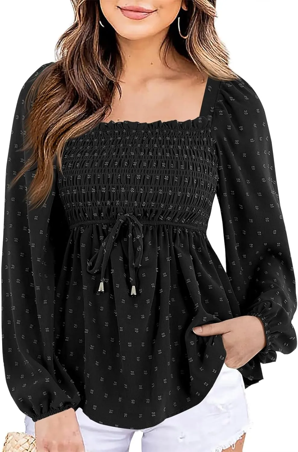 Imysty Womens V Neck Smocked Peplum Tops Balloon Long Sleeve Swiss Dot Ruched Blouses Shirt