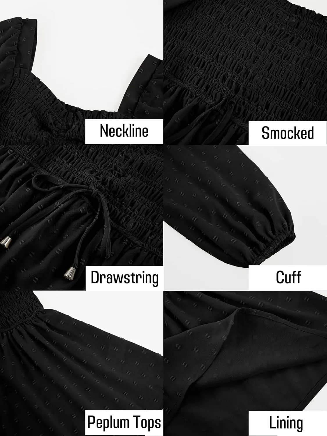 Imysty Womens V Neck Smocked Peplum Tops Balloon Long Sleeve Swiss Dot Ruched Blouses Shirt