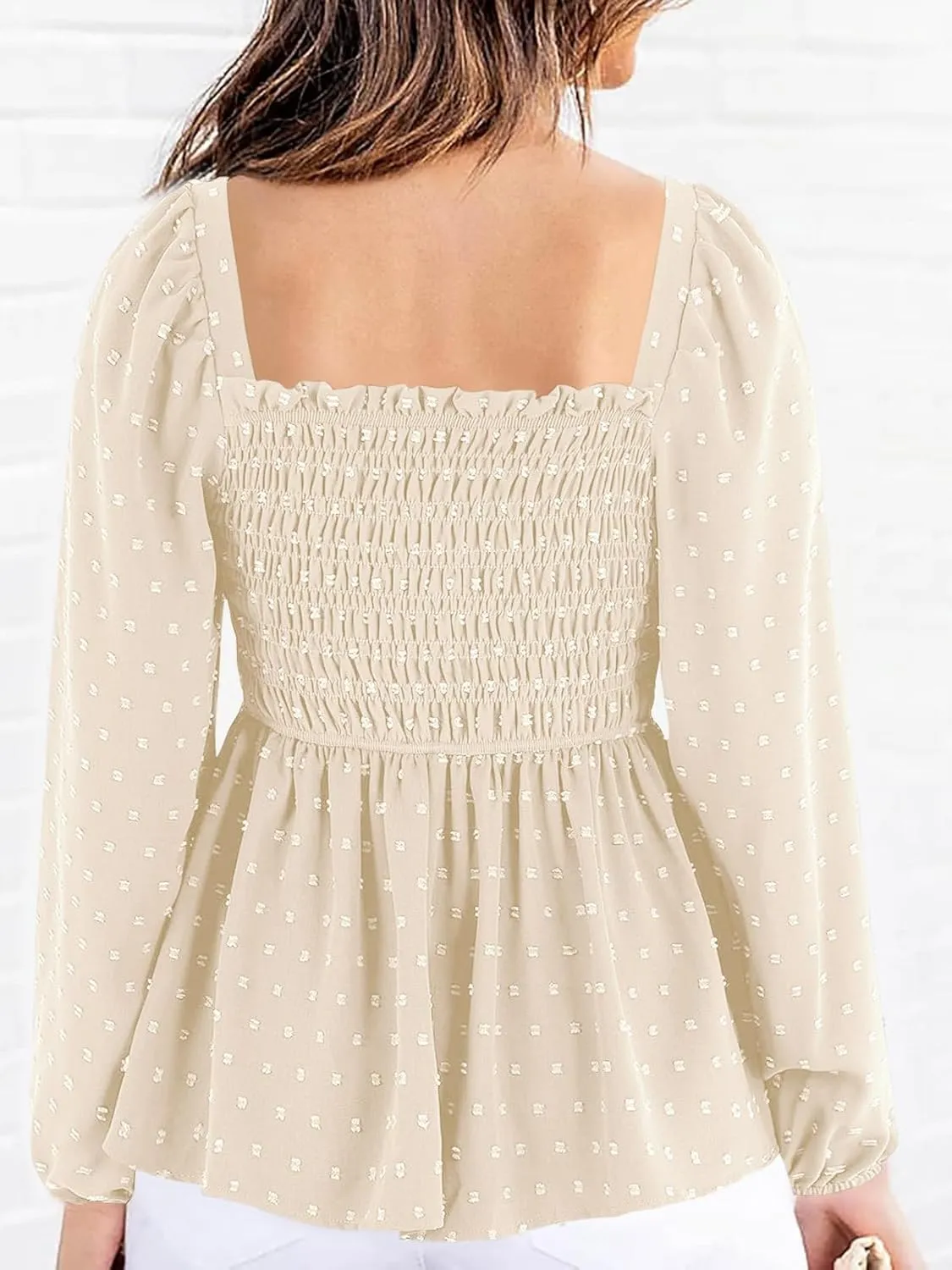Imysty Womens V Neck Smocked Peplum Tops Balloon Long Sleeve Swiss Dot Ruched Blouses Shirt