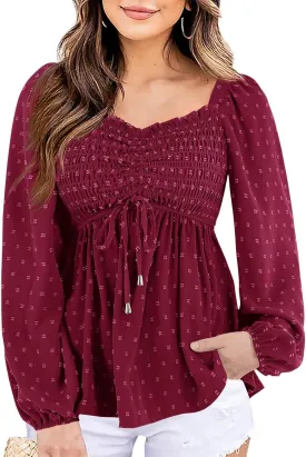 Imysty Womens V Neck Smocked Peplum Tops Balloon Long Sleeve Swiss Dot Ruched Blouses Shirt