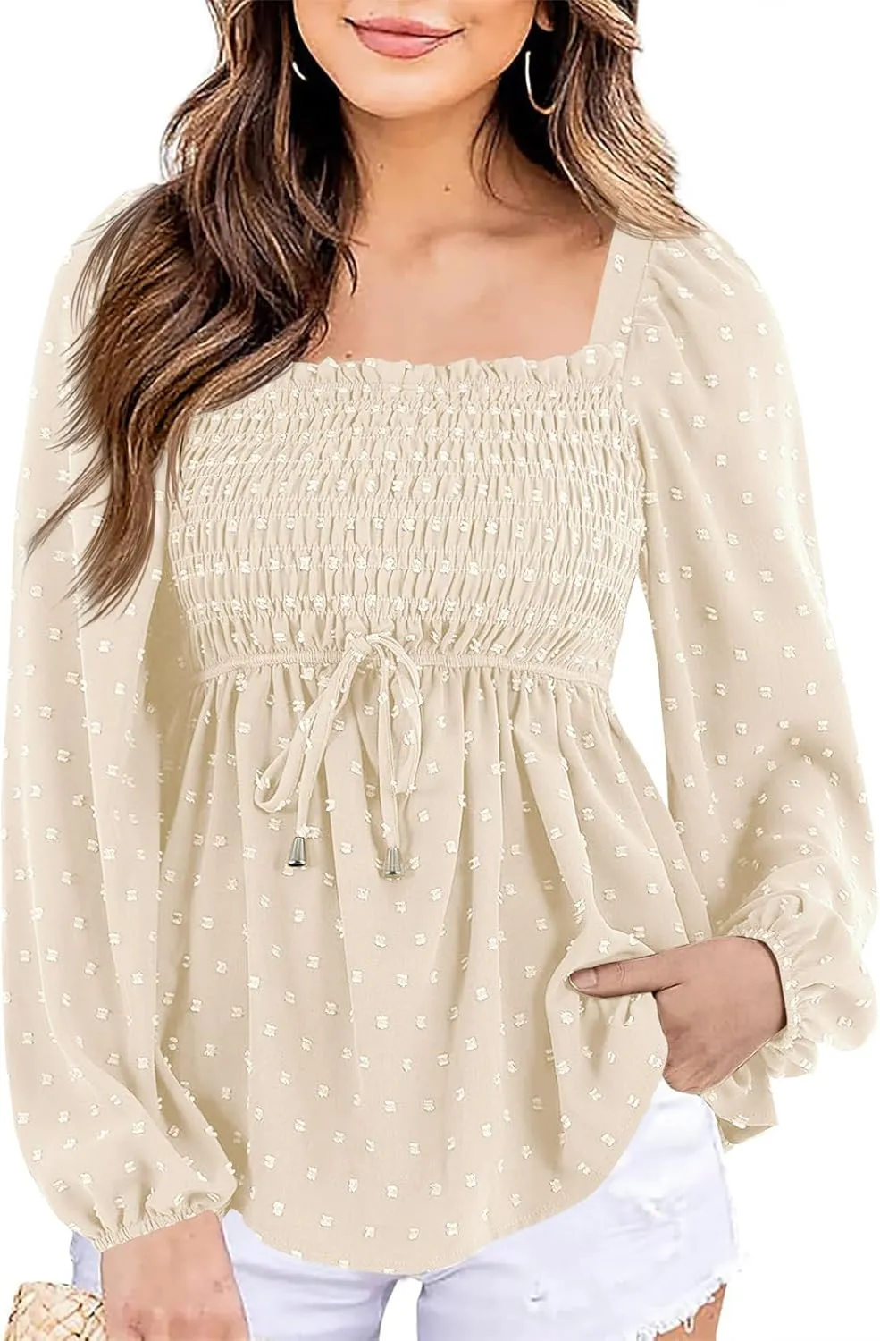 Imysty Womens V Neck Smocked Peplum Tops Balloon Long Sleeve Swiss Dot Ruched Blouses Shirt