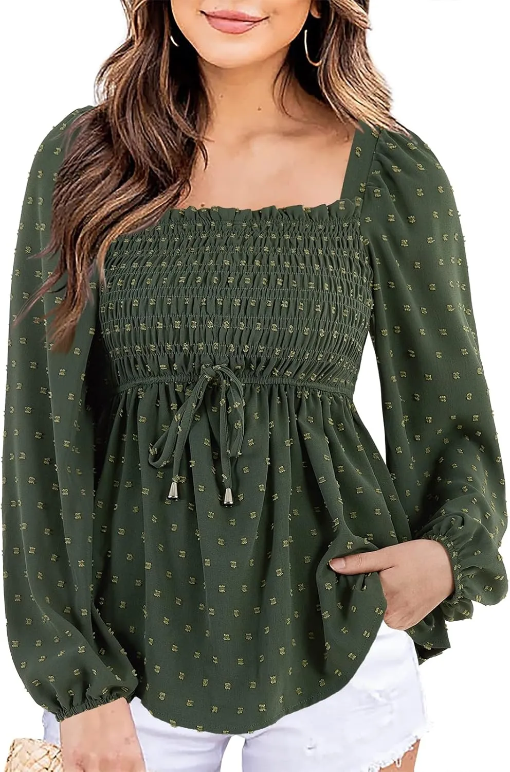 Imysty Womens V Neck Smocked Peplum Tops Balloon Long Sleeve Swiss Dot Ruched Blouses Shirt