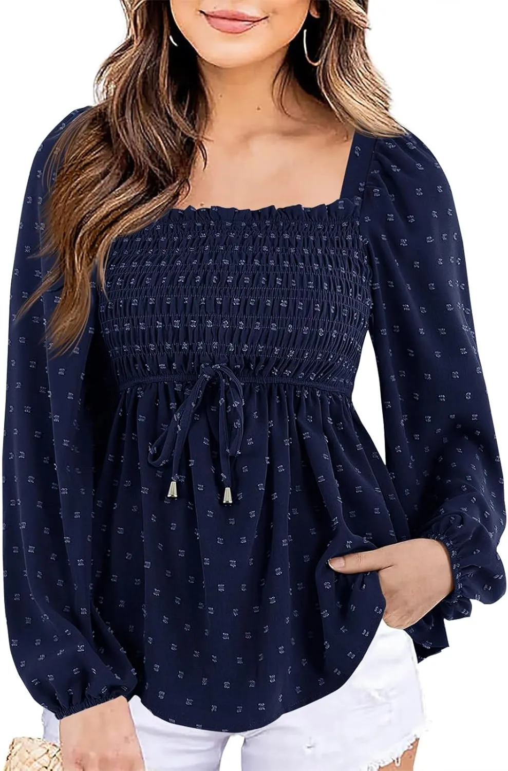 Imysty Womens V Neck Smocked Peplum Tops Balloon Long Sleeve Swiss Dot Ruched Blouses Shirt