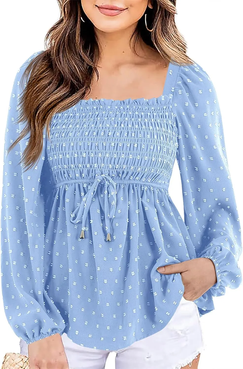 Imysty Womens V Neck Smocked Peplum Tops Balloon Long Sleeve Swiss Dot Ruched Blouses Shirt