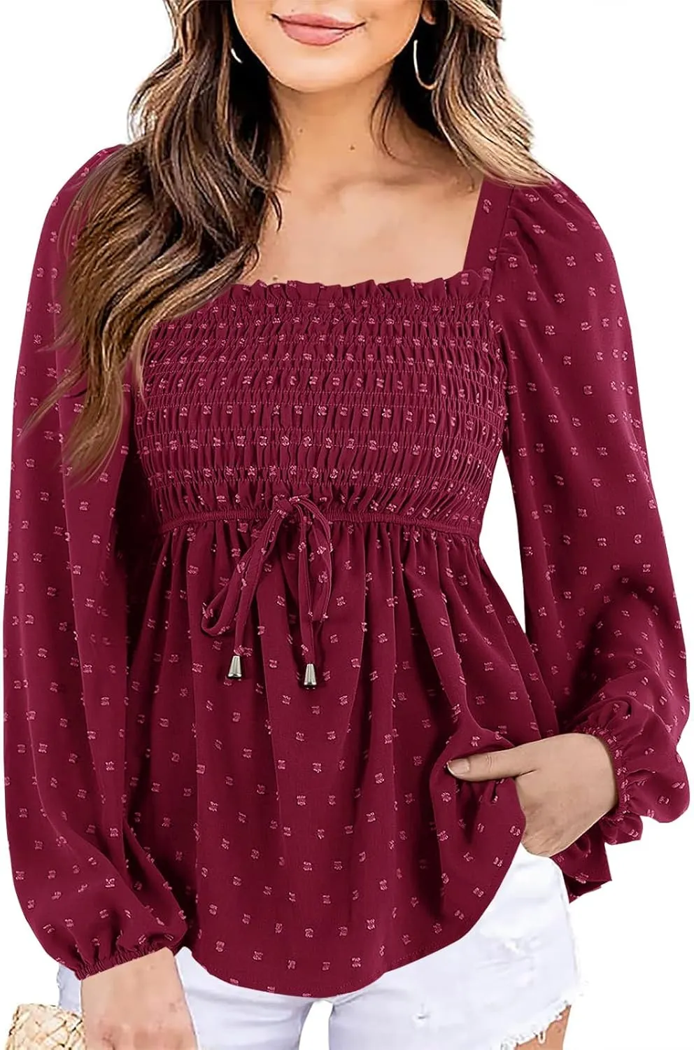 Imysty Womens V Neck Smocked Peplum Tops Balloon Long Sleeve Swiss Dot Ruched Blouses Shirt