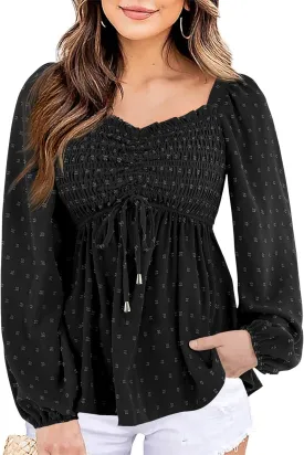 Imysty Womens V Neck Smocked Peplum Tops Balloon Long Sleeve Swiss Dot Ruched Blouses Shirt
