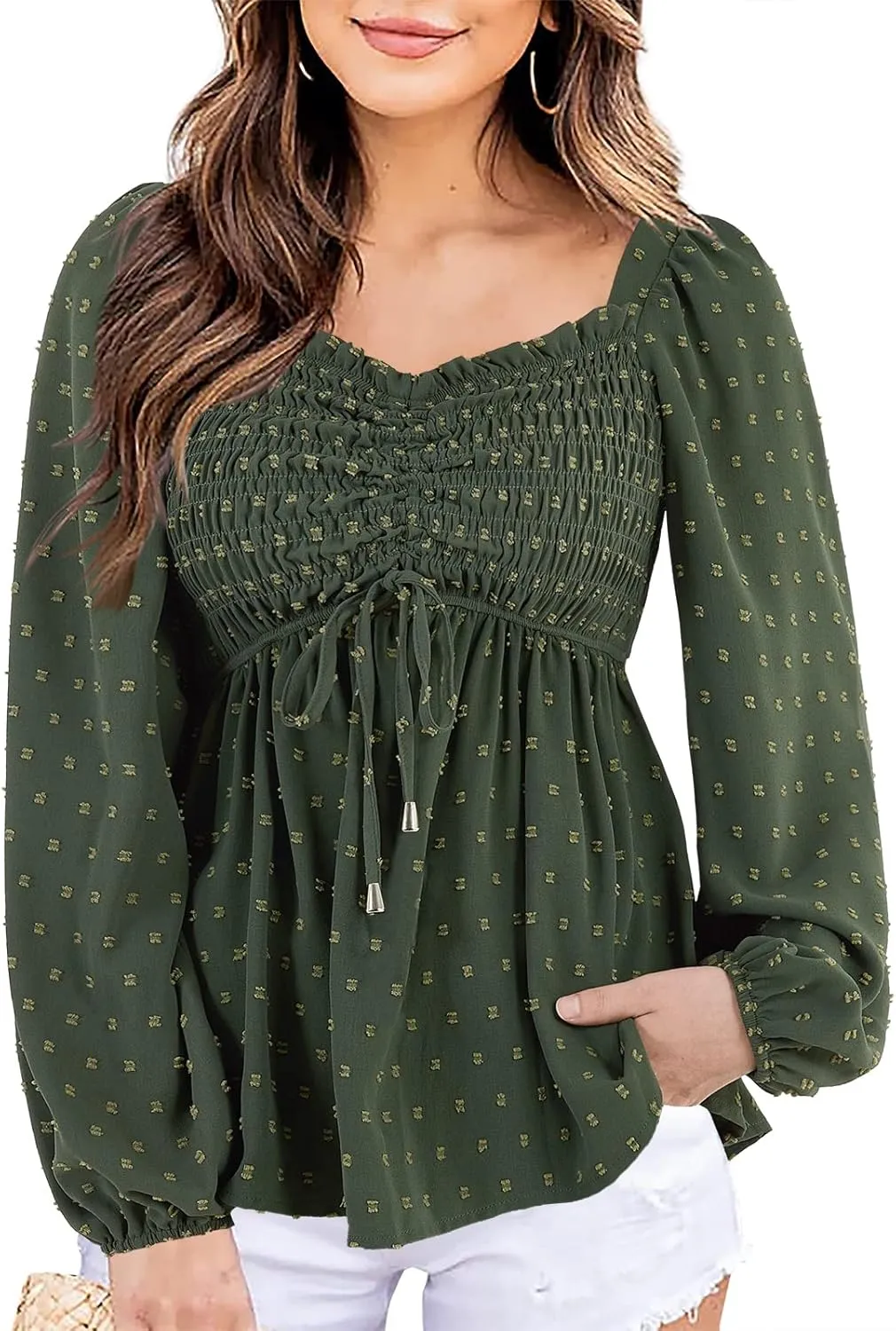 Imysty Womens V Neck Smocked Peplum Tops Balloon Long Sleeve Swiss Dot Ruched Blouses Shirt