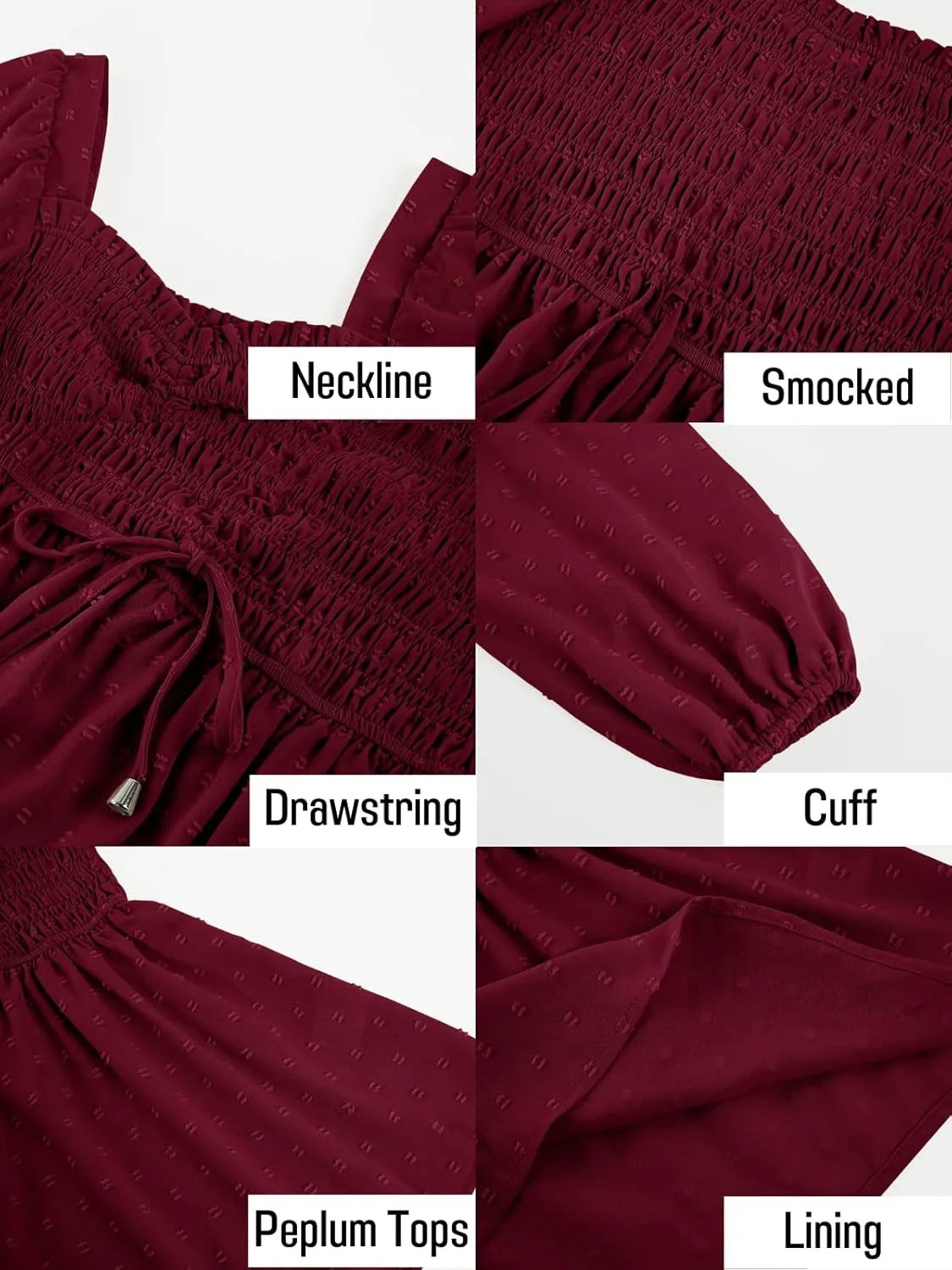 Imysty Womens V Neck Smocked Peplum Tops Balloon Long Sleeve Swiss Dot Ruched Blouses Shirt