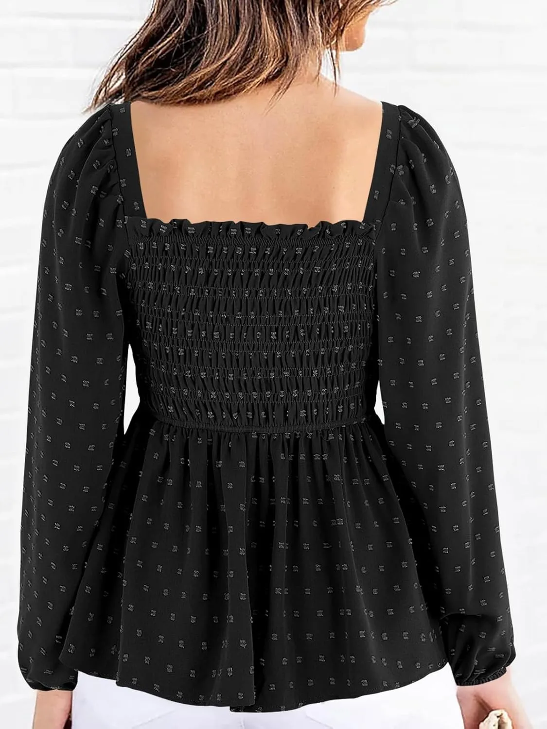 Imysty Womens V Neck Smocked Peplum Tops Balloon Long Sleeve Swiss Dot Ruched Blouses Shirt