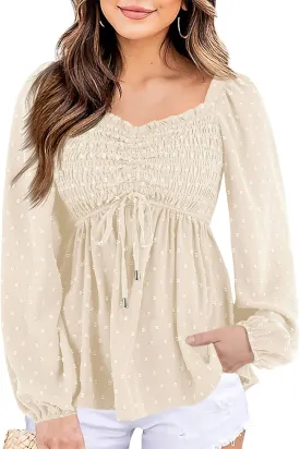 Imysty Womens V Neck Smocked Peplum Tops Balloon Long Sleeve Swiss Dot Ruched Blouses Shirt