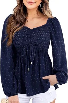 Imysty Womens V Neck Smocked Peplum Tops Balloon Long Sleeve Swiss Dot Ruched Blouses Shirt