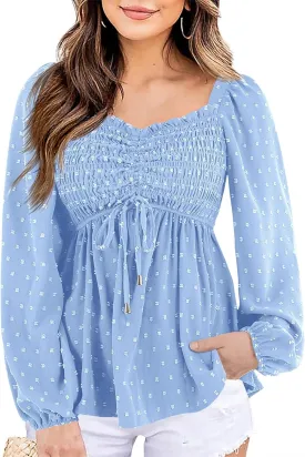 Imysty Womens V Neck Smocked Peplum Tops Balloon Long Sleeve Swiss Dot Ruched Blouses Shirt